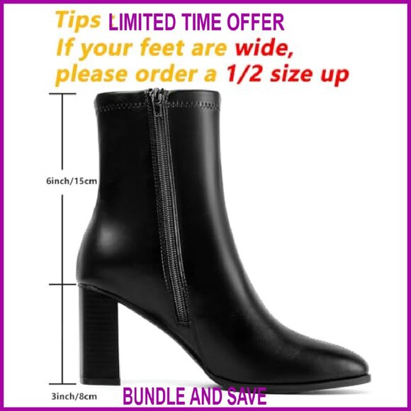 Women's Chunky Block Heel Ankle Boots Square Toe Side Zipper Booties - Picture 3 of 8